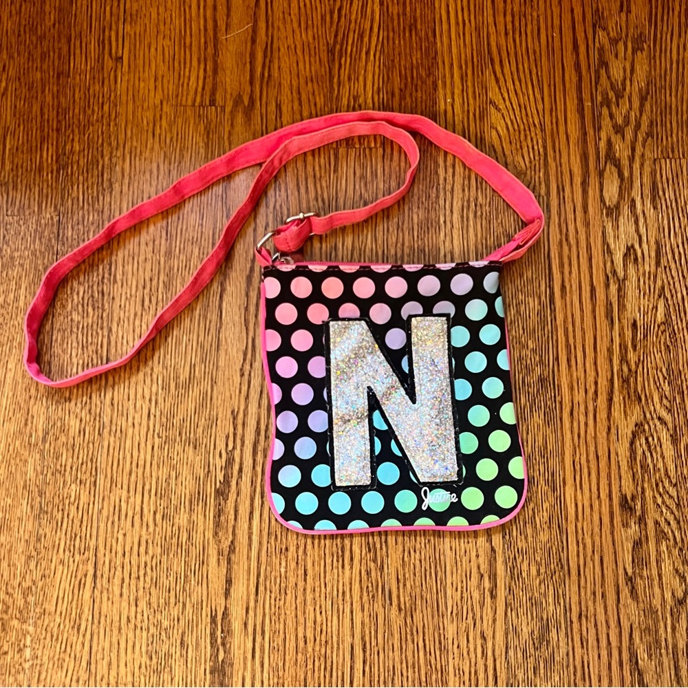 Justice 2010s initial “N” crossbody purse for girls-pink+black w/ polka dots